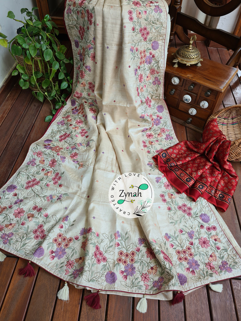 Zynah Pure Tussar Silk Embroidered Saree with 2 blouse pieces; Custom Stitched/Ready-made Blouse, Fall, Petticoat; Shipping available USA, Worldwide