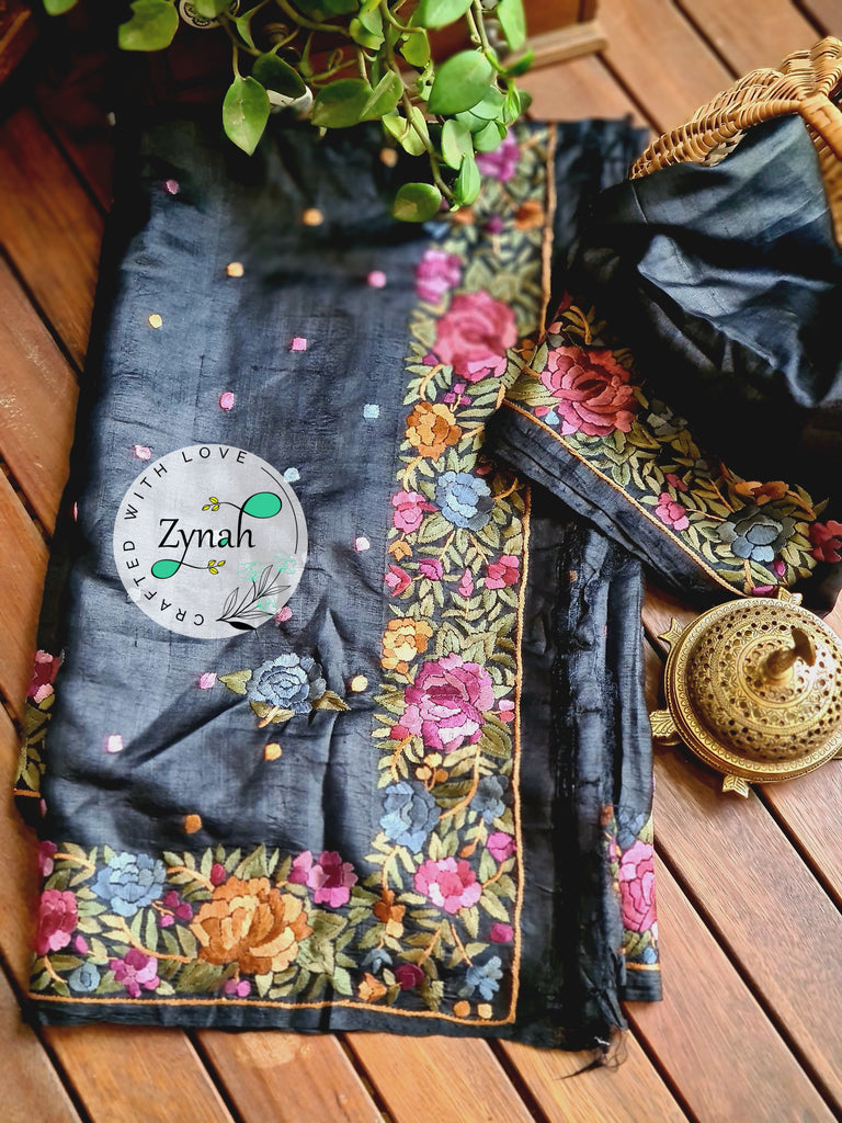 Zynah Made to Order Pure Tussar Silk Parsi Gara Handcrafted Saree; Custom Stitched/Ready-made Blouse, Fall, Petticoat; Shipping available USA, Worldwide