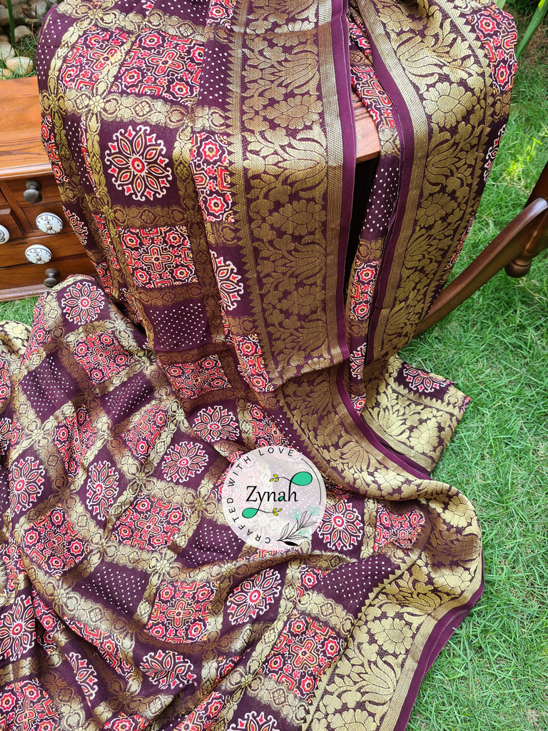 Zynah Pure Munga Silk Saree with Ajrakh Prints & Gharchola Zari Weave; Custom Stitched/Ready-made Blouse, Fall, Petticoat; Shipping available USA, Worldwide