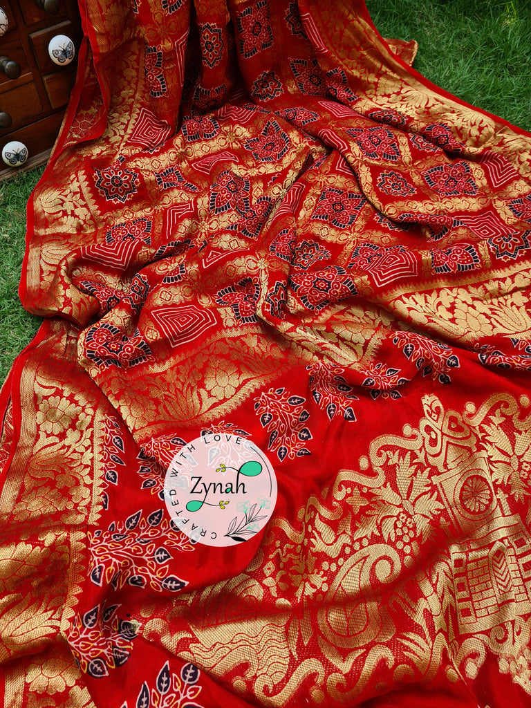 Zynah Pure Munga Silk Saree with Ajrakh Prints & Gharchola Zari Weave; Custom Stitched/Ready-made Blouse, Fall, Petticoat; Shipping available USA, Worldwide