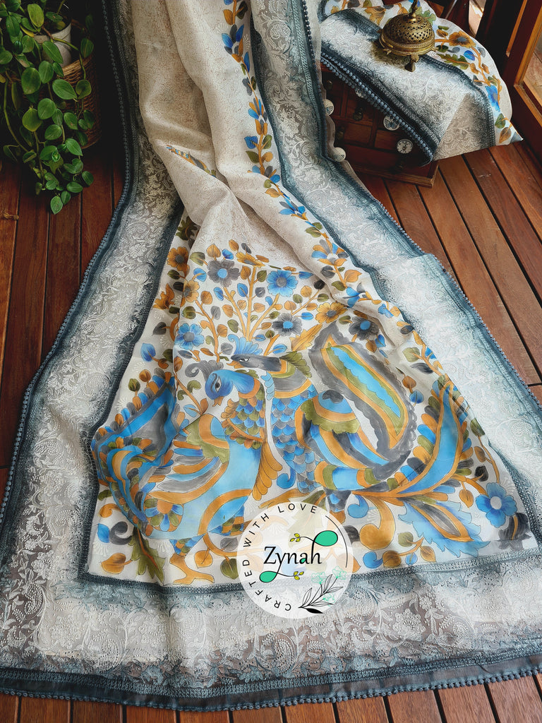 Zynah Premium Quality Pure Kora Silk Saree with Hand-painted Kalamkari Designs, Chikankari Embroidery; Custom Stitched/Ready-made Blouse, Fall, Petticoat; Shipping available USA, Worldwide