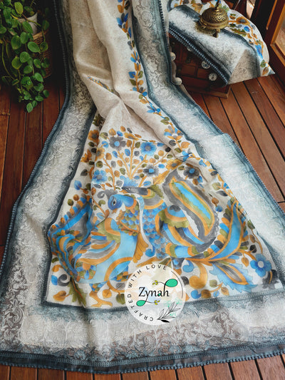 Zynah Premium Quality Pure Kora Silk Saree with Hand-painted Kalamkari Designs, Chikankari Embroidery; Custom Stitched/Ready-made Blouse, Fall, Petticoat; Shipping available USA, Worldwide