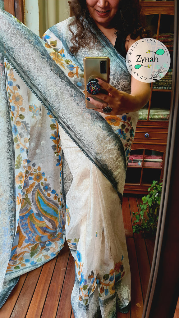 Zynah Premium Quality Pure Kora Silk Saree with Hand-painted Kalamkari Designs, Chikankari Embroidery; Custom Stitched/Ready-made Blouse, Fall, Petticoat; Shipping available USA, Worldwide