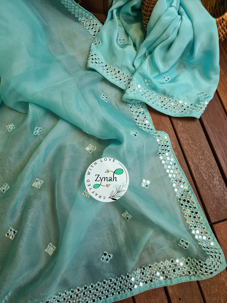 Zynah Pure Organza Silk Saree with Mirror Kutchi Work; Custom Stitched/Ready-made Blouse, Fall, Petticoat; Shipping available USA, Worldwide