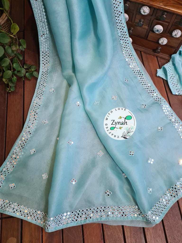Zynah Pure Organza Silk Saree with Mirror Kutchi Work; Custom Stitched/Ready-made Blouse, Fall, Petticoat; Shipping available USA, Worldwide