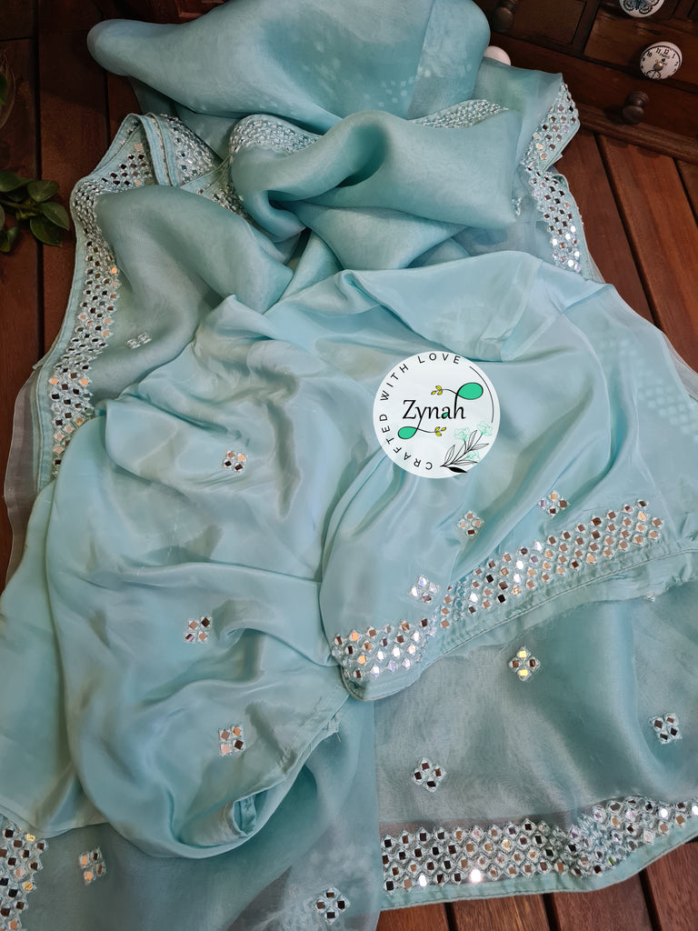 Zynah Pure Organza Silk Saree with Mirror Kutchi Work; Custom Stitched/Ready-made Blouse, Fall, Petticoat; Shipping available USA, Worldwide