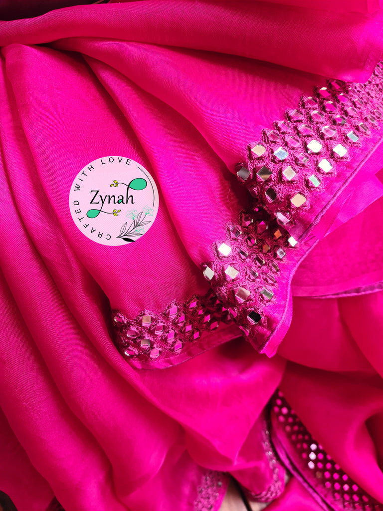 Zynah Pure Organza Silk Saree with Mirror Kutchi Work; Custom Stitched/Ready-made Blouse, Fall, Petticoat; Shipping available USA, Worldwide