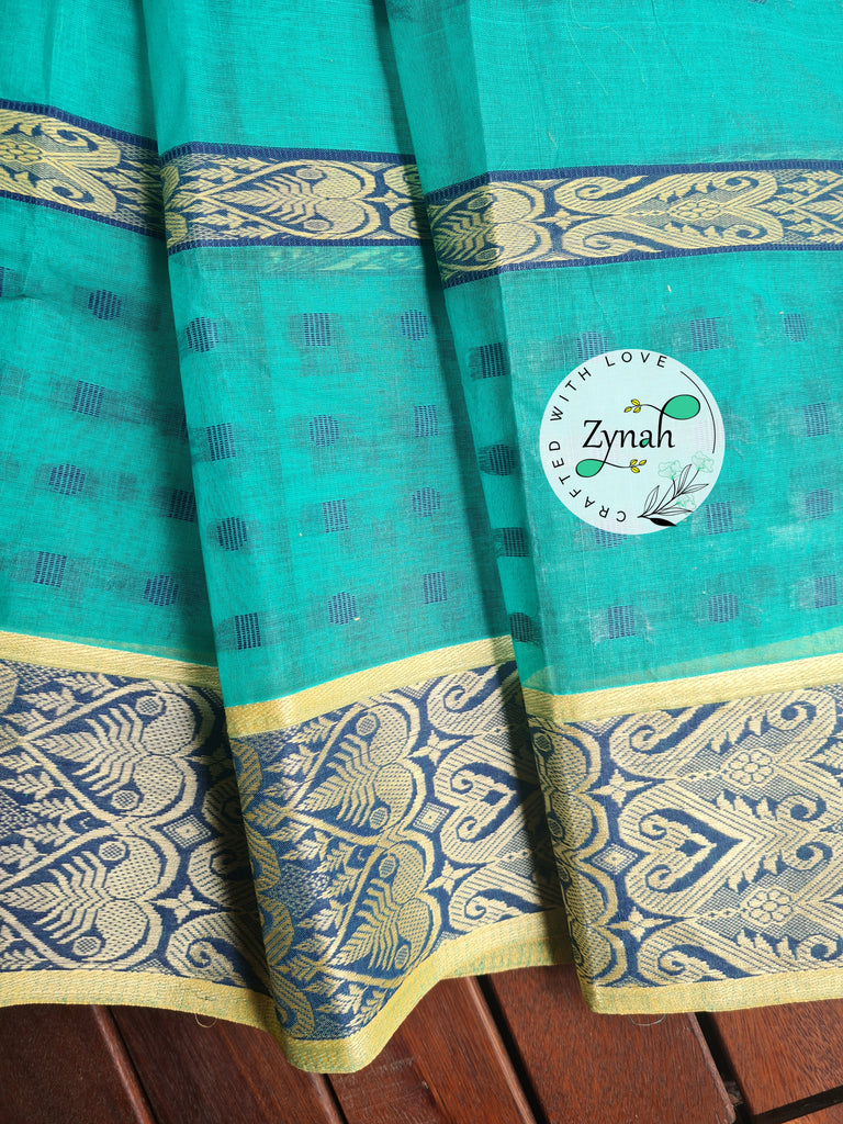 Zynah Light Blue Color Pure Handspun Cotton Saree with Zari Weave Border; Custom Stitched/Ready-made Blouse, Fall, Petticoat; Shipping available USA, Worldwide