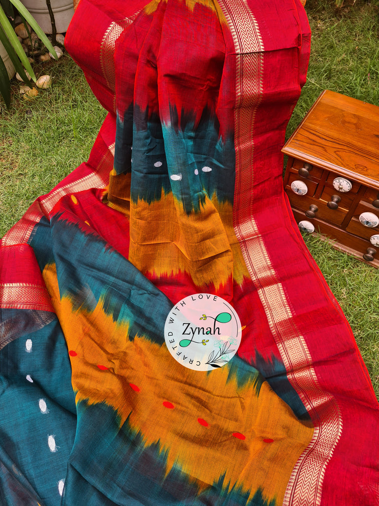 Zynah Green & Red Color Pure Handspun Cotton Saree with Zari Weave Border; Custom Stitched/Ready-made Blouse, Fall, Petticoat; Shipping available USA, Worldwide