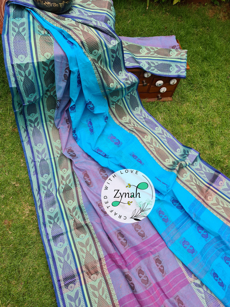 Zynah Blue Color Pure Handspun Cotton Saree with Zari Weave Border; Custom Stitched/Ready-made Blouse, Fall, Petticoat; Shipping available USA, Worldwide