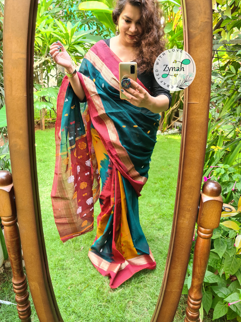 Zynah Green & Red Color Pure Handspun Cotton Saree with Zari Weave Border; Custom Stitched/Ready-made Blouse, Fall, Petticoat; Shipping available USA, Worldwide