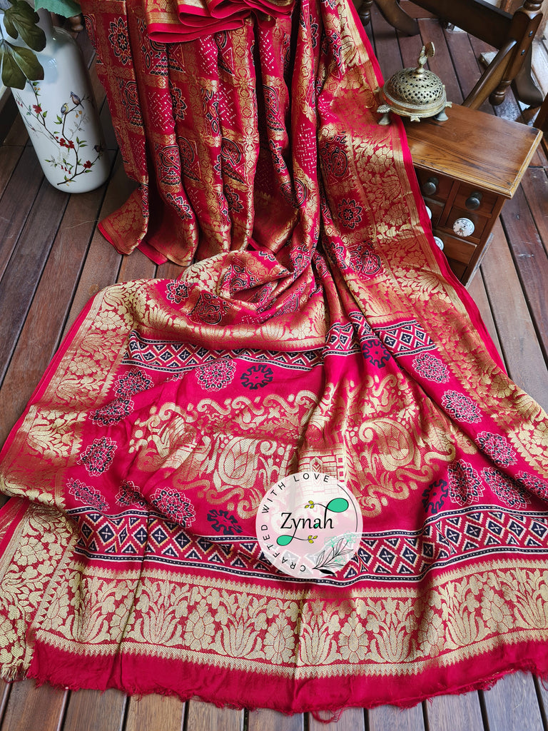 Zynah Pure Munga Silk Saree with Ajrakh Prints & Gharchola Zari Weave; Custom Stitched/Ready-made Blouse, Fall, Petticoat; Shipping available USA, Worldwide