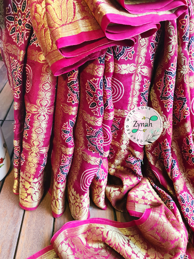 Zynah Pure Munga Silk Saree with Ajrakh Prints & Gharchola Zari Weave; Custom Stitched/Ready-made Blouse, Fall, Petticoat; Shipping available USA, Worldwide