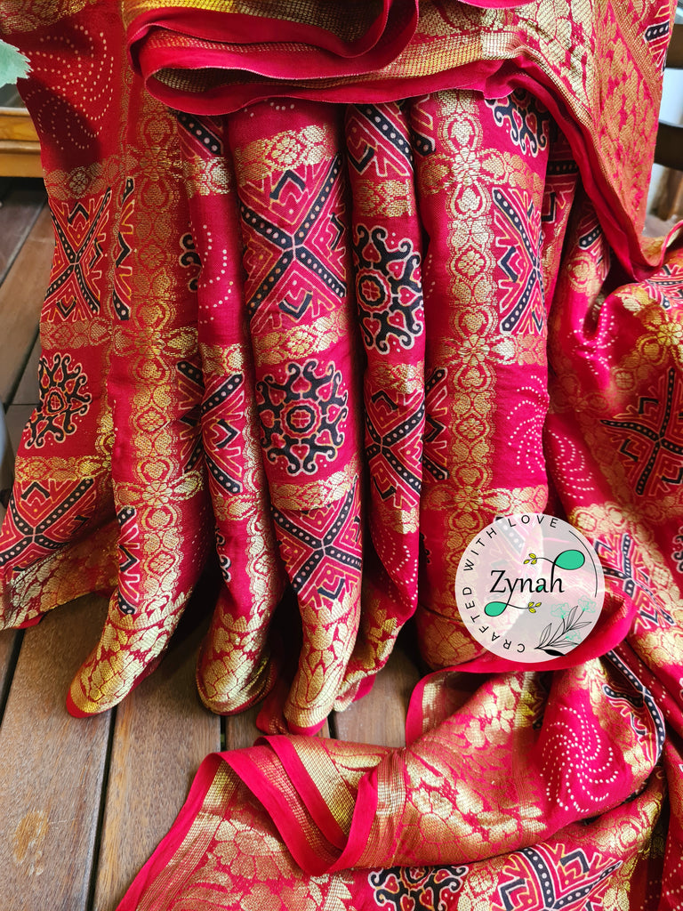 Zynah Pure Munga Silk Saree with Ajrakh Prints & Gharchola Zari Weave; Custom Stitched/Ready-made Blouse, Fall, Petticoat; Shipping available USA, Worldwide