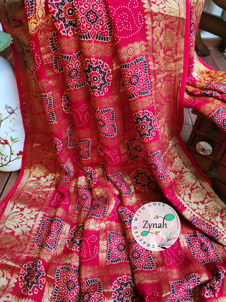 Zynah Pure Munga Silk Saree with Ajrakh Prints & Gharchola Zari Weave; Custom Stitched/Ready-made Blouse, Fall, Petticoat; Shipping available USA, Worldwide