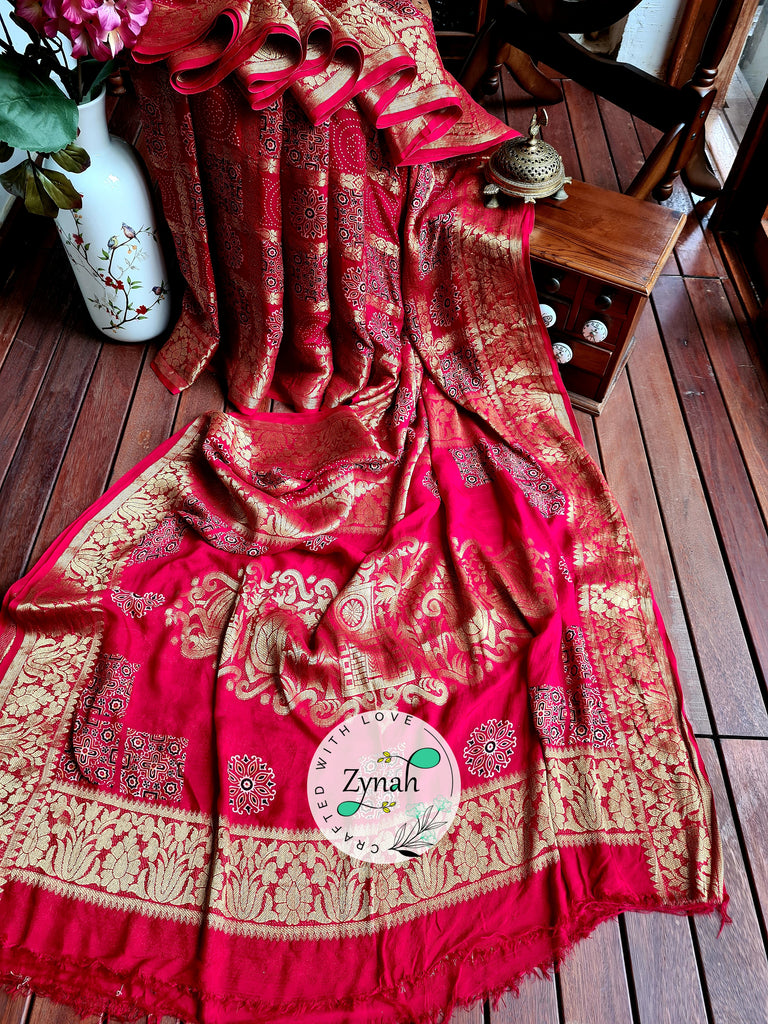 Zynah Pure Munga Silk Saree with Ajrakh Prints & Gharchola Zari Weave; Custom Stitched/Ready-made Blouse, Fall, Petticoat; Shipping available USA, Worldwide