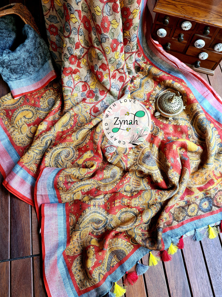 Zynah Beige Color Kalamkari Organic Lab Tested 120 Count pure 'Linen by Linen' Saree; Custom Stitched/Ready-made Blouse, Fall, Petticoat; Shipping available USA, Worldwide