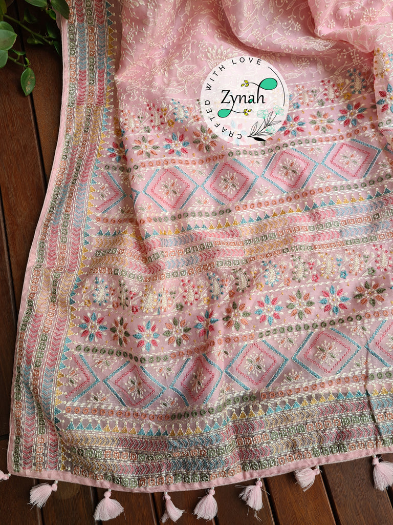 Zynah Pure Organza Silk Saree with Kantha Style Embroidery; Custom Stitched/Ready-made Blouse, Fall, Petticoat; Shipping available USA, Worldwide