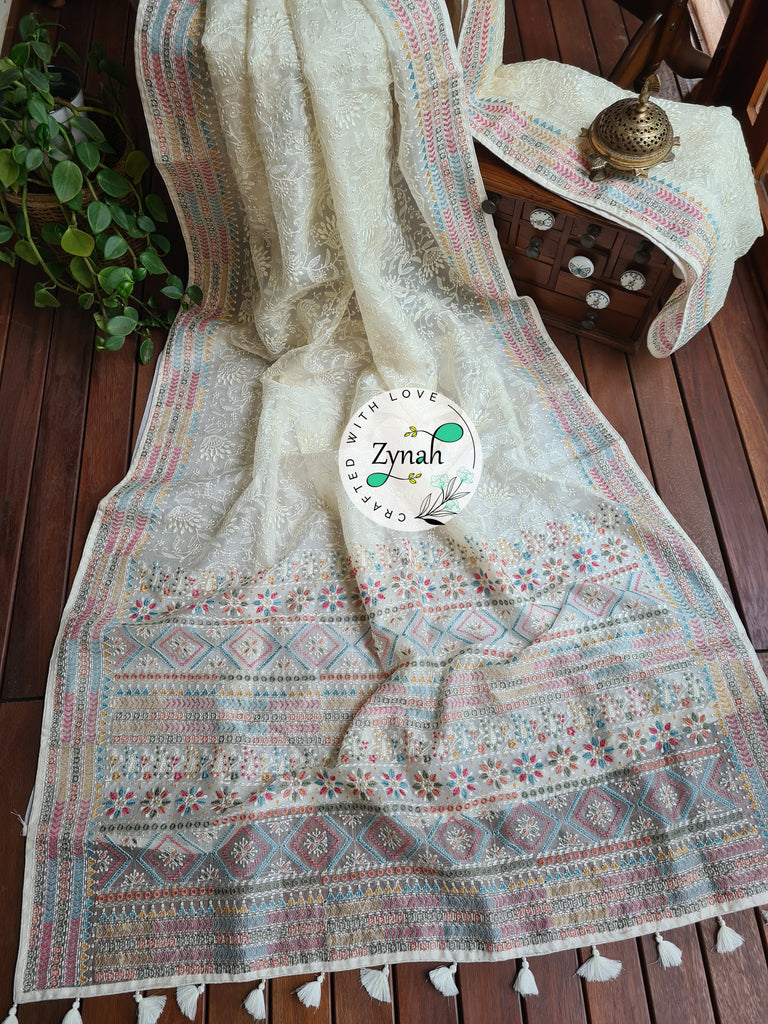 Zynah Off-white Color Pure Organza Silk Saree with Kantha Style Embroidery; Custom Stitched/Ready-made Blouse, Fall, Petticoat; Shipping available USA, Worldwide