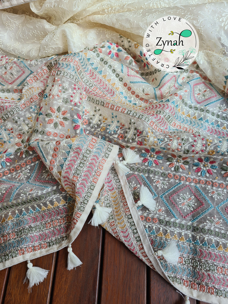 Zynah Off-white Color Pure Organza Silk Saree with Kantha Style Embroidery; Custom Stitched/Ready-made Blouse, Fall, Petticoat; Shipping available USA, Worldwide