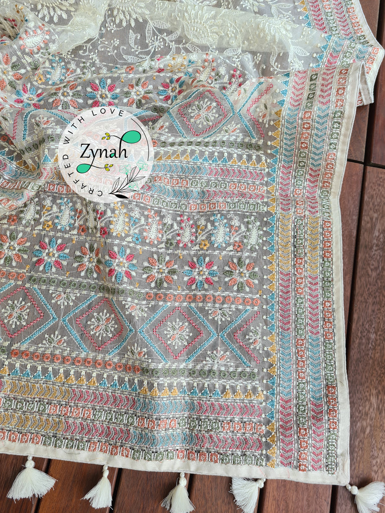 Zynah Off-white Color Pure Organza Silk Saree with Kantha Style Embroidery; Custom Stitched/Ready-made Blouse, Fall, Petticoat; Shipping available USA, Worldwide