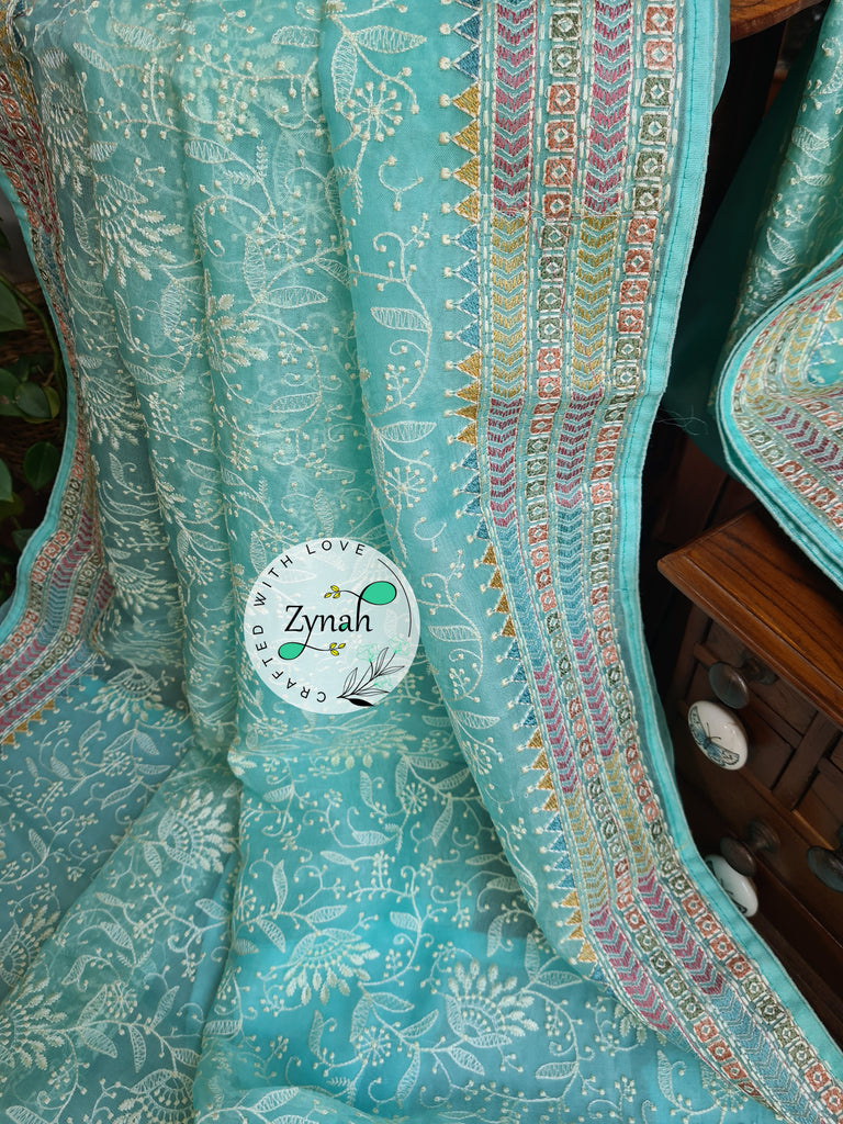Zynah Powder Blue Color Pure Organza Silk Saree with Kantha Stitch & Chikankari Inspired Embroidery; Custom Stitched/Ready-made Blouse, Fall, Petticoat; Shipping available USA, Worldwide
