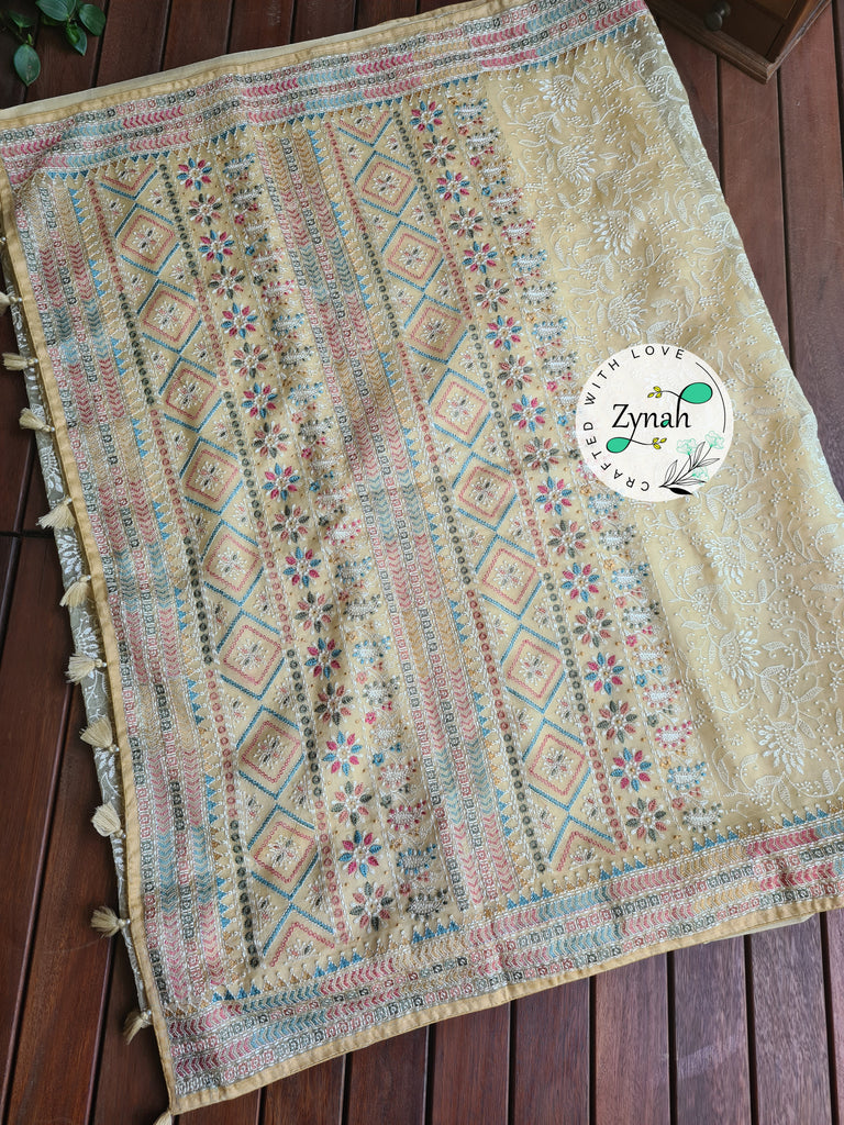 Zynah Butterscotch Yellow Color Pure Organza Silk Saree with Kantha Style Embroidery; Custom Stitched/Ready-made Blouse, Fall, Petticoat; Shipping available USA, Worldwide