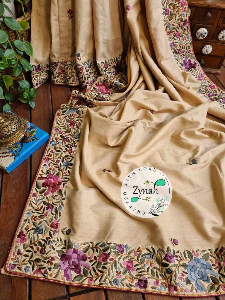 Zynah Beige Color Pure Tussar Silk Parsi Gara Handcrafted Saree; Custom Stitched/Ready-made Blouse, Fall, Petticoat; Shipping available USA, Worldwide
