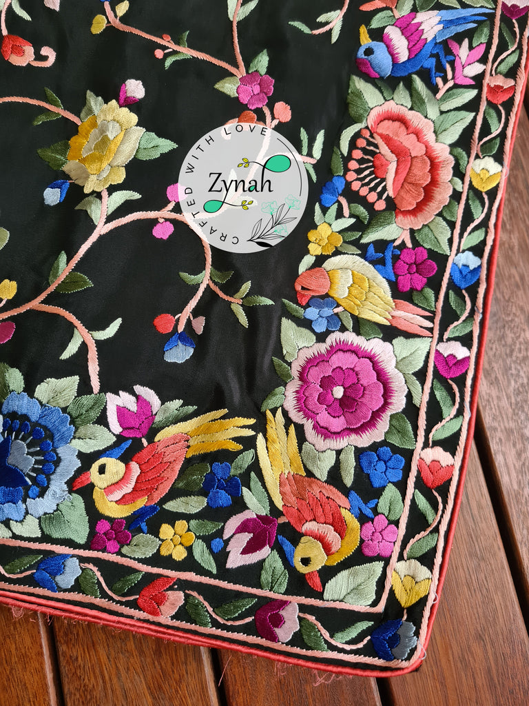 Zynah Black Color Pure Crepe Silk Parsi Gara Handcrafted Saree; Custom Stitched/Ready-made Blouse, Fall, Petticoat; Shipping available USA, Worldwide