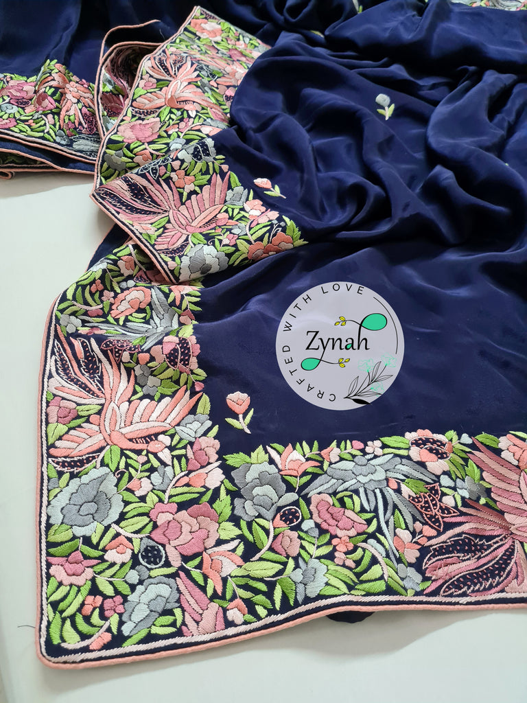 Zynah Blue Color Made to Order Pure Crepe Silk Parsi Gara Handcrafted Saree; Custom Stitched/Ready-made Blouse, Fall, Petticoat; Shipping available USA, Worldwide