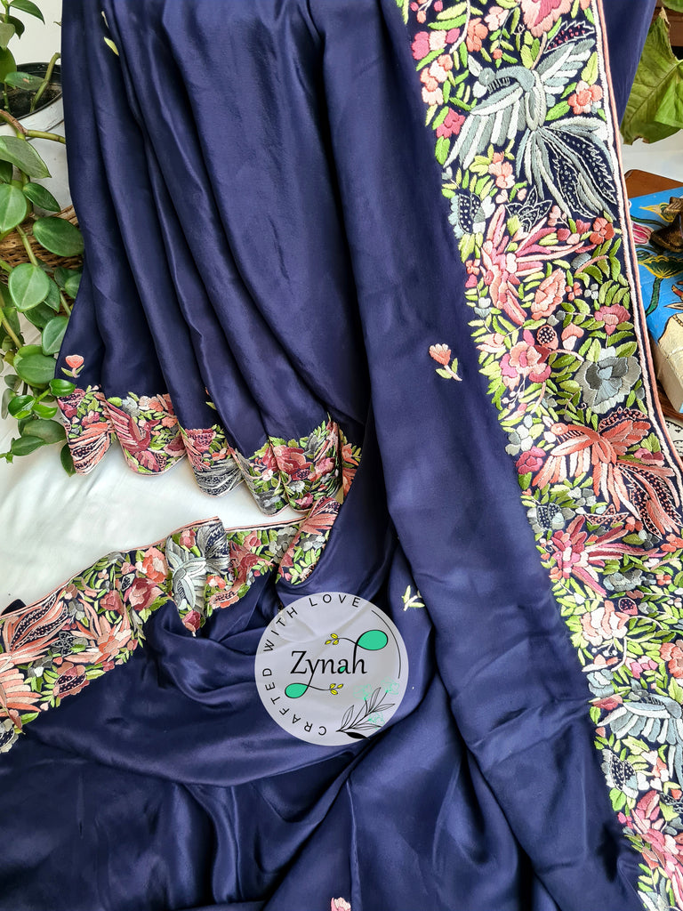 Zynah Blue Color Made to Order Pure Crepe Silk Parsi Gara Handcrafted Saree; Custom Stitched/Ready-made Blouse, Fall, Petticoat; Shipping available USA, Worldwide