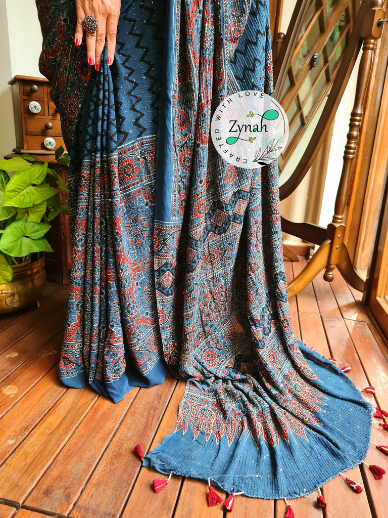 Zynah Blue Color Pure Georgette Sequence Work Saree with Ajrakh Handblock Prints; Custom Stitched/Ready-made Blouse, Fall, Petticoat; Shipping available USA, Worldwide