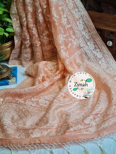 Zynah Peach Color Pure Organza Chikankari Saree in Pastel Shade; Custom Stitched/Ready-made Blouse, Fall, Petticoat; Shipping available USA, Worldwide