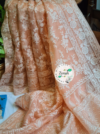 Zynah Peach Color Pure Organza Chikankari Saree in Pastel Shade; Custom Stitched/Ready-made Blouse, Fall, Petticoat; Shipping available USA, Worldwide Zynah Peach Color Pure Organza Chikankari Saree in Pastel Shade; Custom Stitched/Ready-made Blouse, Fall, Petticoat; Shipping available USA, Worldwide