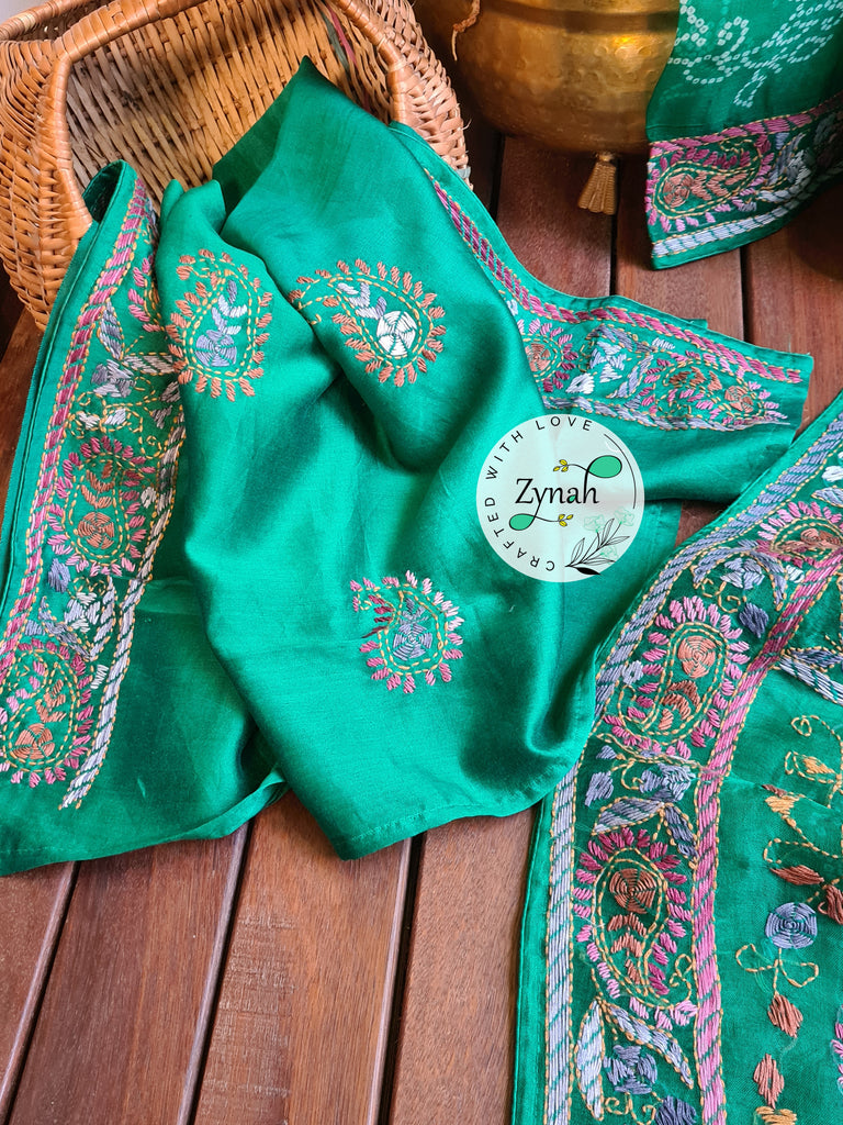 Zynah Green Color Pure Organza Silk Saree with Bandhani Prints & Kantha Embroidery; Custom Stitched/Ready-made Blouse, Fall, Petticoat; Shipping available USA, Worldwide