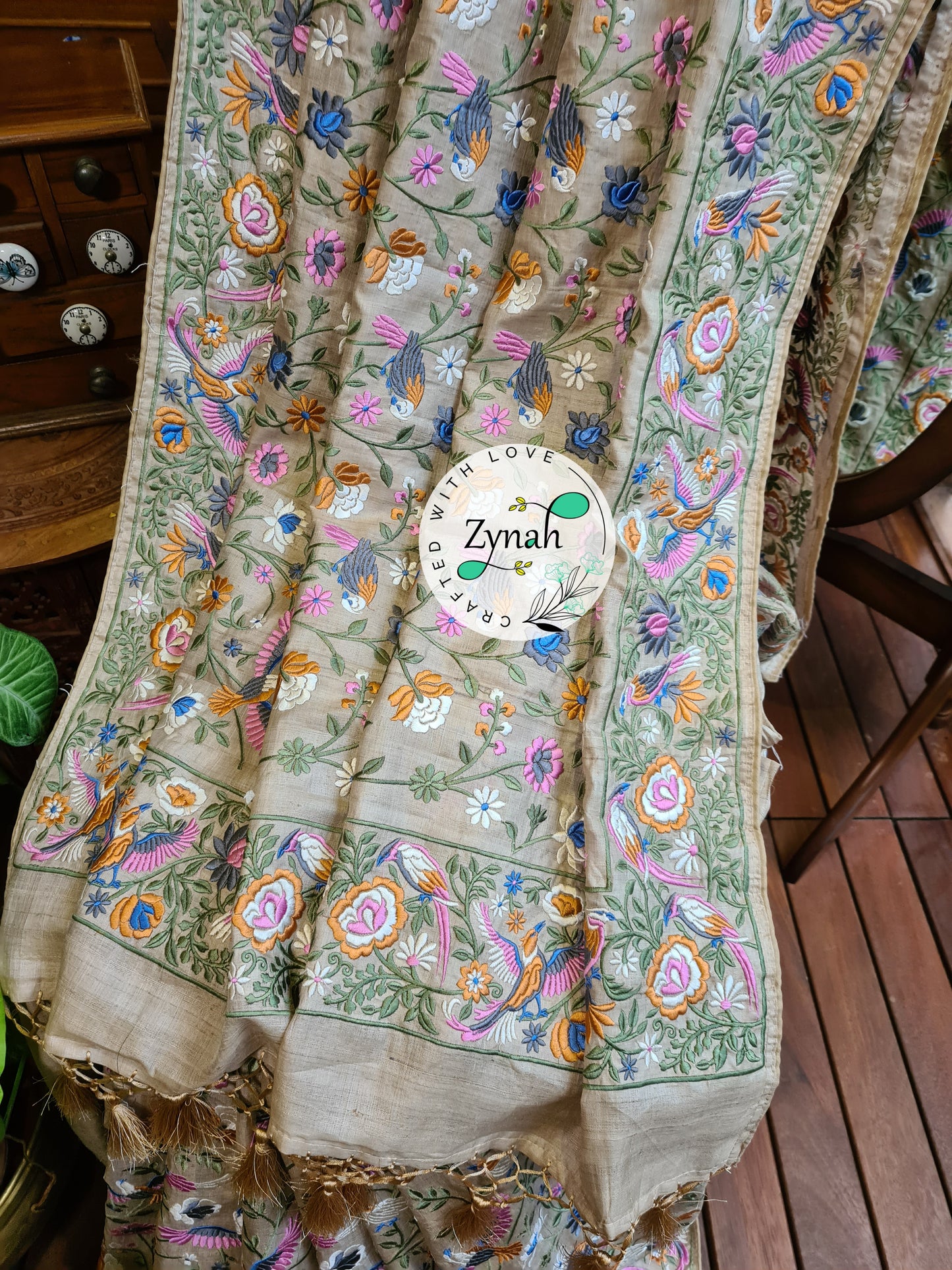 Zynah Tussar Color Pure Tussar Silk Parsi Gara Inspired Embroidery Saree; Custom Stitched/Ready-made Blouse, Fall, Petticoat; Shipping available USA, Worldwide