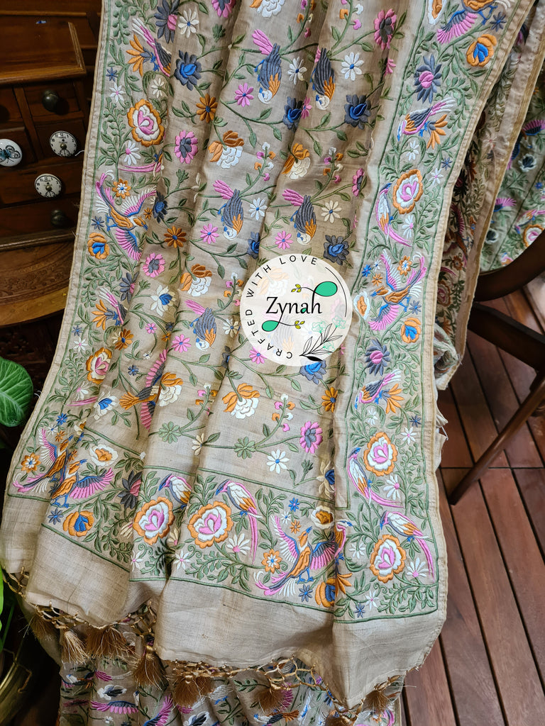Zynah Tussar Color Pure Tussar Silk Parsi Gara Inspired Embroidery Saree; Custom Stitched/Ready-made Blouse, Fall, Petticoat; Shipping available USA, Worldwide