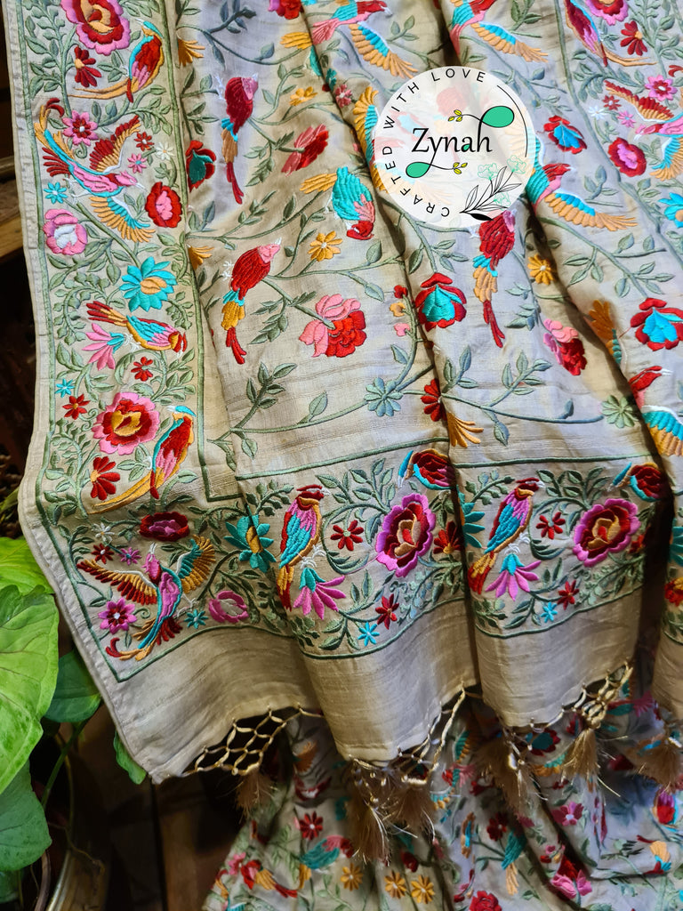Zynah Tussar Color 2 Pure Tussar Silk Parsi Gara Inspired Embroidery Saree; Custom Stitched/Ready-made Blouse, Fall, Petticoat; Shipping available USA, Worldwide