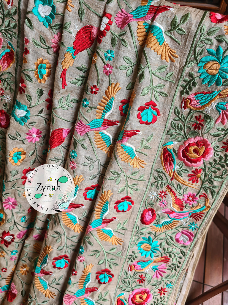 Zynah Tussar Color 2 Pure Tussar Silk Parsi Gara Inspired Embroidery Saree; Custom Stitched/Ready-made Blouse, Fall, Petticoat; Shipping available USA, Worldwide