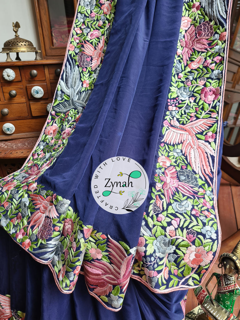 Zynah Blue Color Made to Order Pure Crepe Silk Parsi Gara Handcrafted Saree; Custom Stitched/Ready-made Blouse, Fall, Petticoat; Shipping available USA, Worldwide