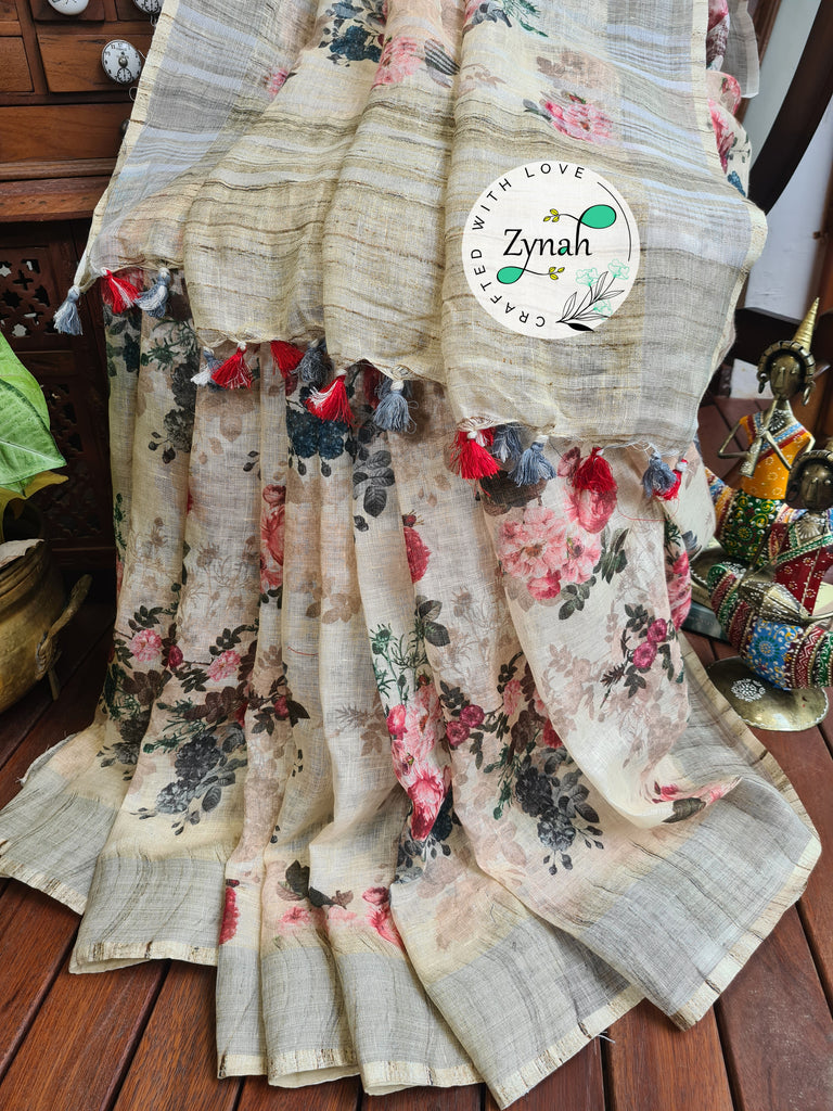 Zynah Off-white Color Organic Pure Linen by Linen(120c) Saree with Digital Floral Prints & Zari Border; Custom Stitched/Ready-made Blouse, Fall, Petticoat; Shipping available USA, Worldwide