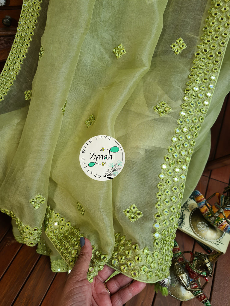 Zynah Green Color Pure Organza Silk Saree with Mirror Kutchi Work; Custom Stitched/Ready-made Blouse, Fall, Petticoat; Shipping available USA, Worldwide