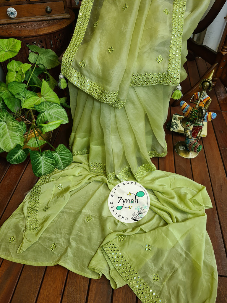 Zynah Green Color Pure Organza Silk Saree with Mirror Kutchi Work; Custom Stitched/Ready-made Blouse, Fall, Petticoat; Shipping available USA, Worldwide