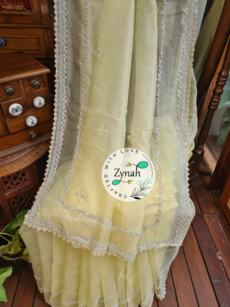 Zynah Yellow Color Pure Organza Silk Saree with Sequence, Pearls & Cut-dana Work; Custom Stitched/Ready-made Blouse, Fall, Petticoat; Shipping available USA, Worldwide