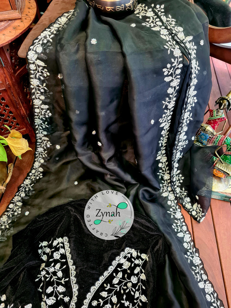 Zynah Black Color Pure Organza Silk Saree with Sequence & Cut-dana Work; Custom Stitched/Ready-made Blouse, Fall, Petticoat; Shipping available USA, Worldwide