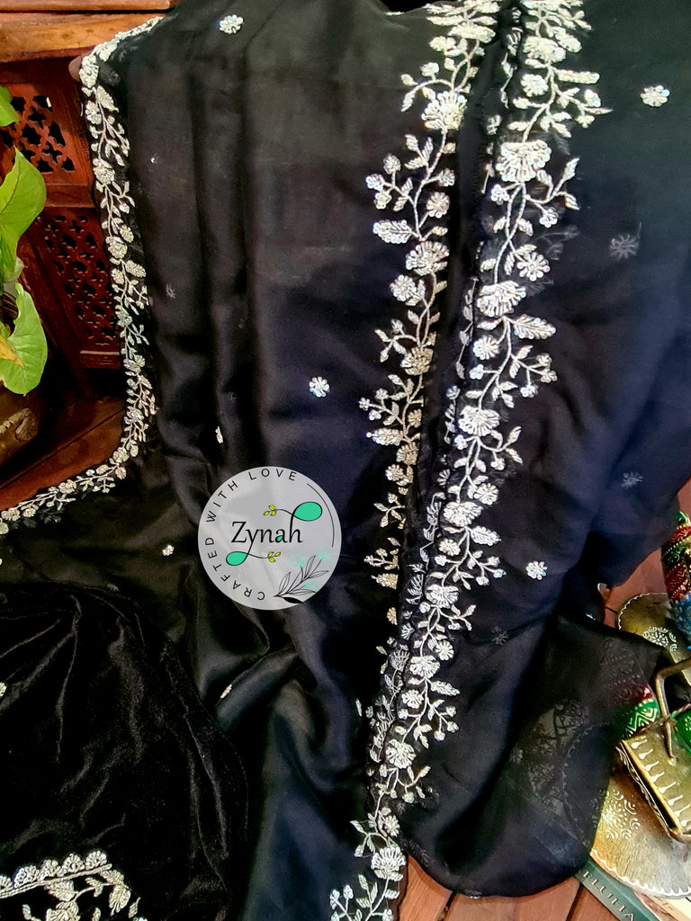 Zynah Black Color Pure Organza Silk Saree with Sequence & Cut-dana Work; Custom Stitched/Ready-made Blouse, Fall, Petticoat; Shipping available USA, Worldwide