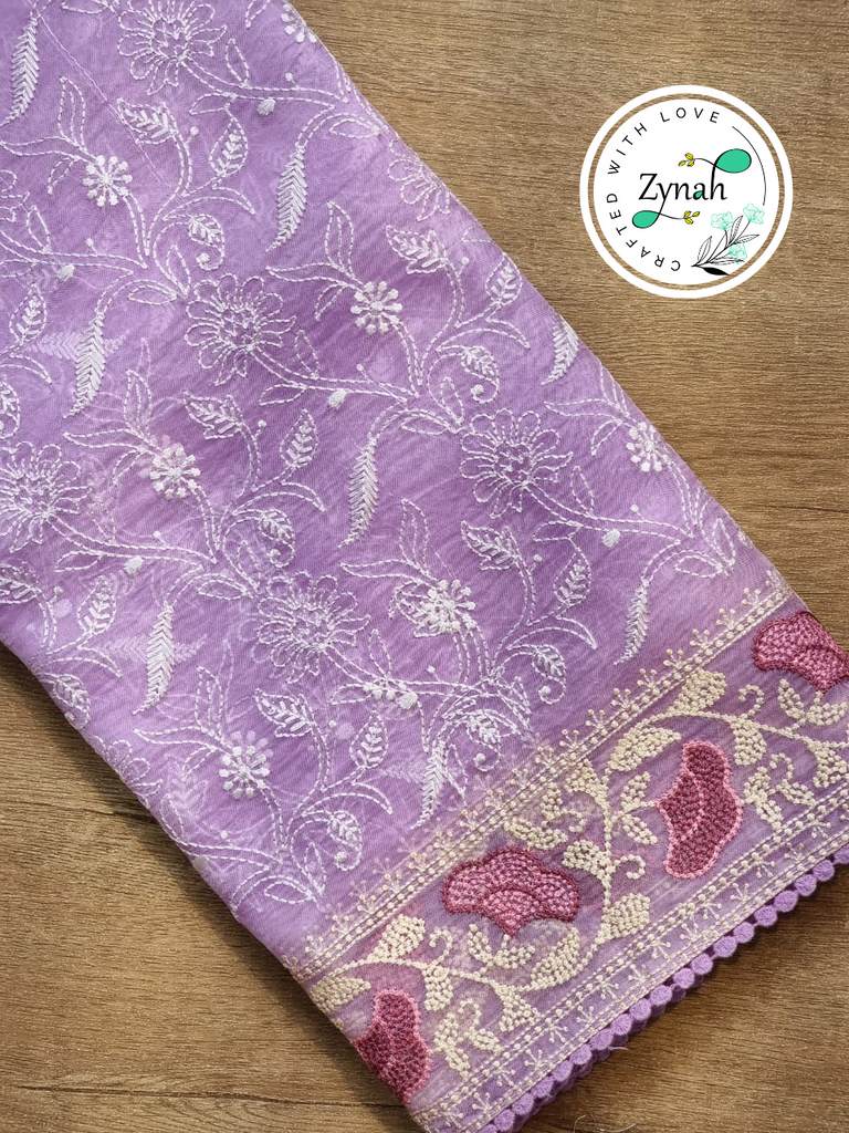 Zynah Violet Color Pure Organza Silk Chikankari  Embroidery Saree with Crochet Lace  in Pastel Shades; Available in many colors; stitched readymade blouse,fall,petticoat,available in USA