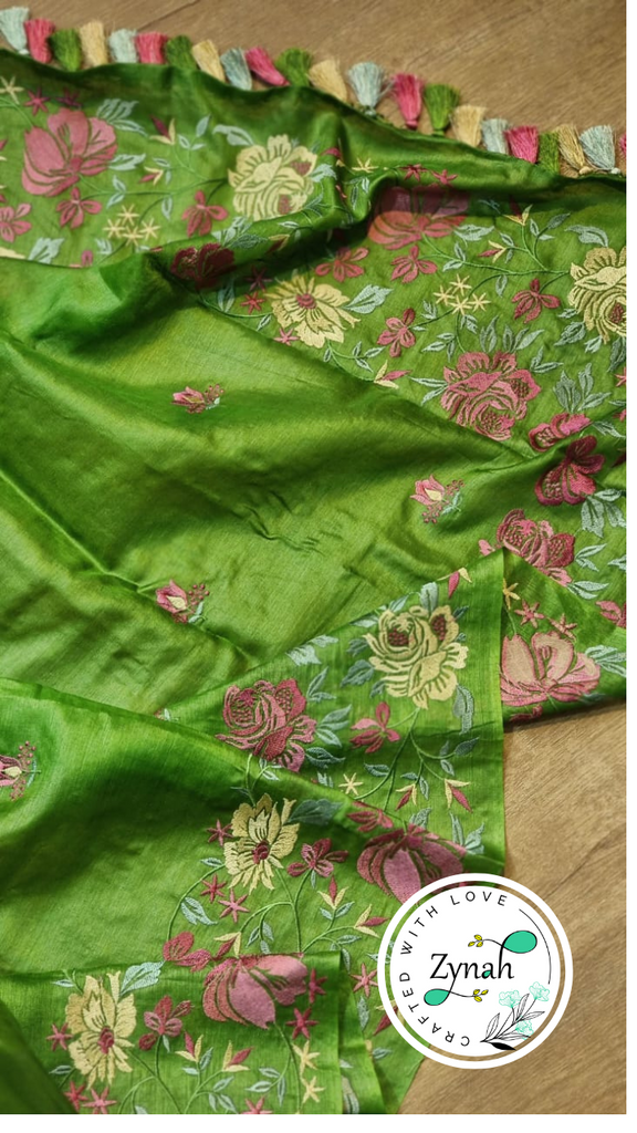 Zynah Green Color Pure Tussar Silk Embroidered Saree with Vibrant Tassels; Custom Stitched/Ready-made Blouse, Fall, Petticoat; Shipping available USA, Worldwide