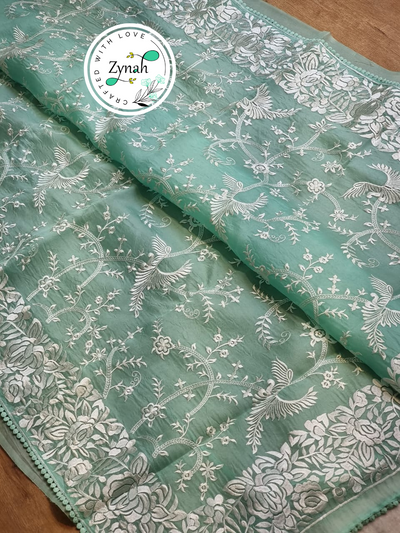 Zynah Turquoise Blue Color Pure Organza Silk Saree with Parsi Gara Inspired Embroidery & Crochet Lace; Custom Stitched/Ready-made Blouse, Fall, Petticoat; Shipping available USA, Worldwide Zynah Turquoise Blue Color Pure Organza Silk Saree with Parsi Gara Inspired Embroidery & Crochet Lace; Custom Stitched/Ready-made Blouse, Fall, Petticoat; Shipping available USA, Worldwide