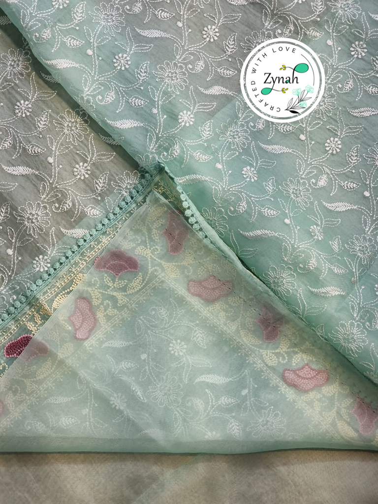 Zynah Teal Color Pure Organza Silk Chikankari  Embroidery Saree with Crochet Lace  in Pastel Shades; Available in many colors; stitched readymade blouse,fall,petticoat,available in USA